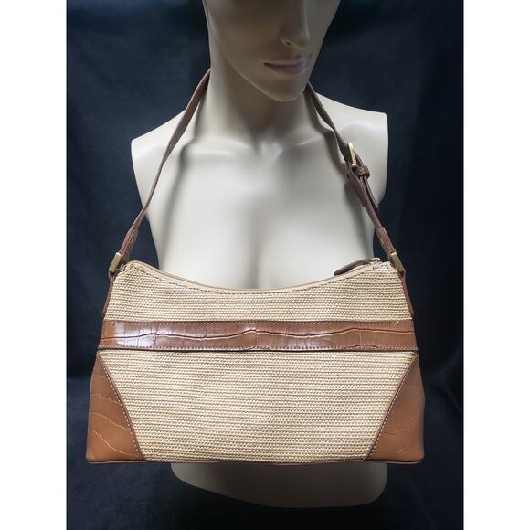 Etienne Aigner Straw / Leather Tan Adjustable Strap Shoulder Hand Bag Purse - Picture 2 of 12